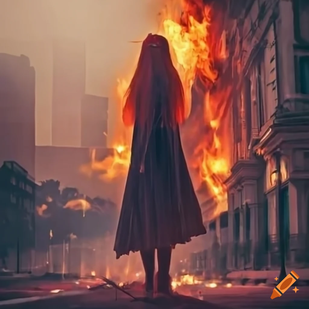 portrait of a woman with fiery red hair in a burning city