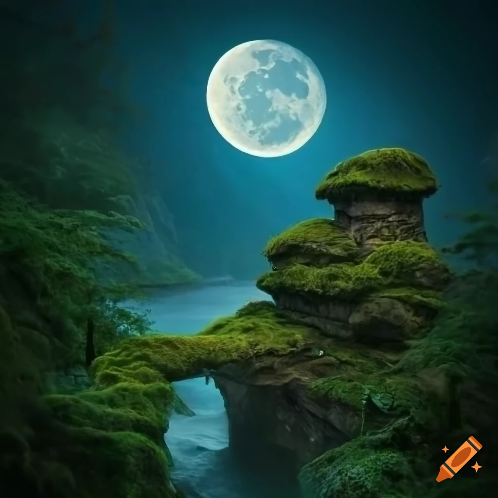 Mystical stone towers in a moonlit forest