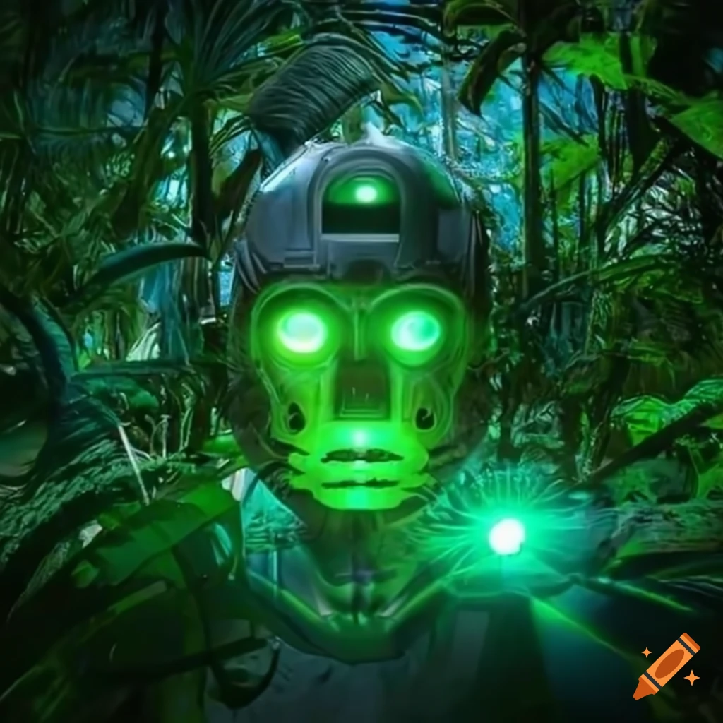 Robot with green laser eyes in a tropical forest on Craiyon