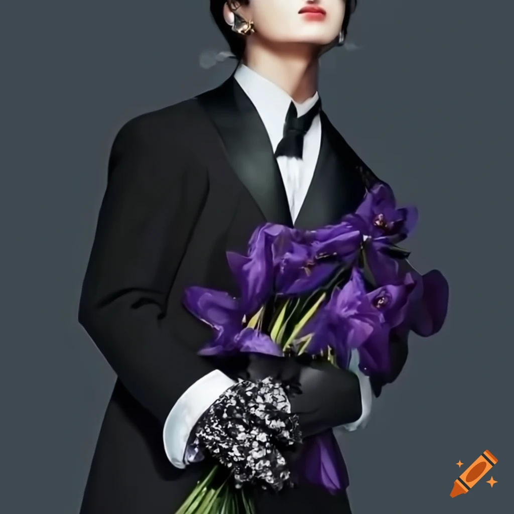 Jungkook of bts holding a bouquet of iris flowers on Craiyon