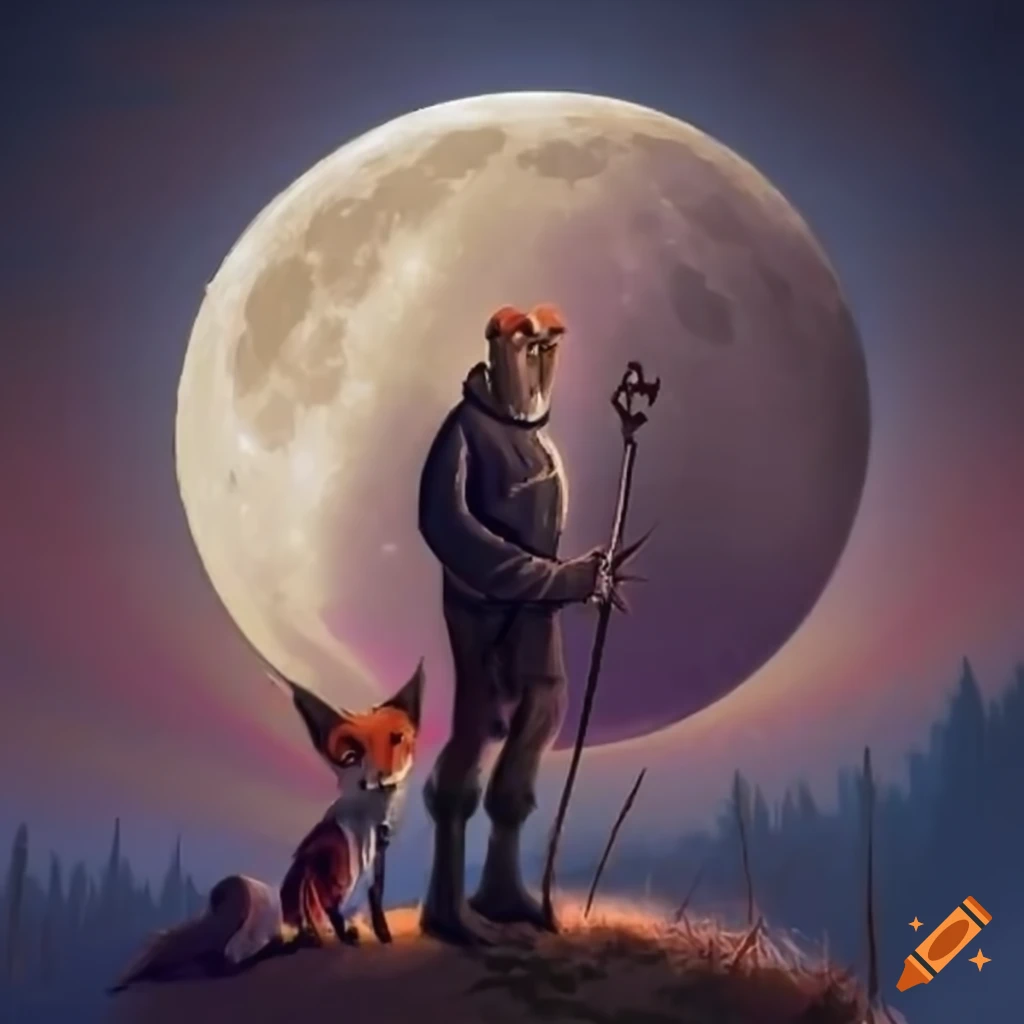 illustration of an older man with a fox under the moon