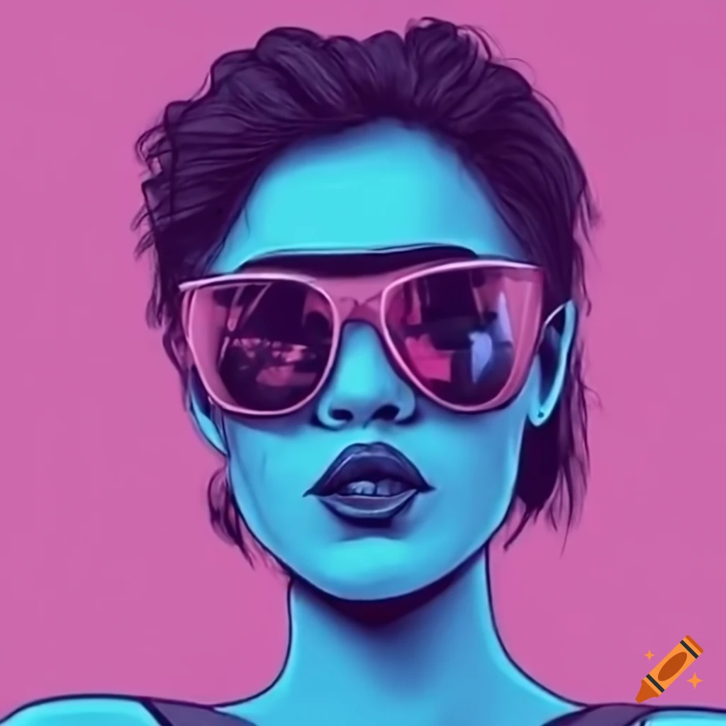 80s neon style close-up portrait of a woman with big sunglasses