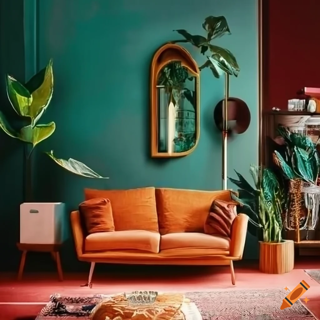maximalist living room with houseplants and colorful decor