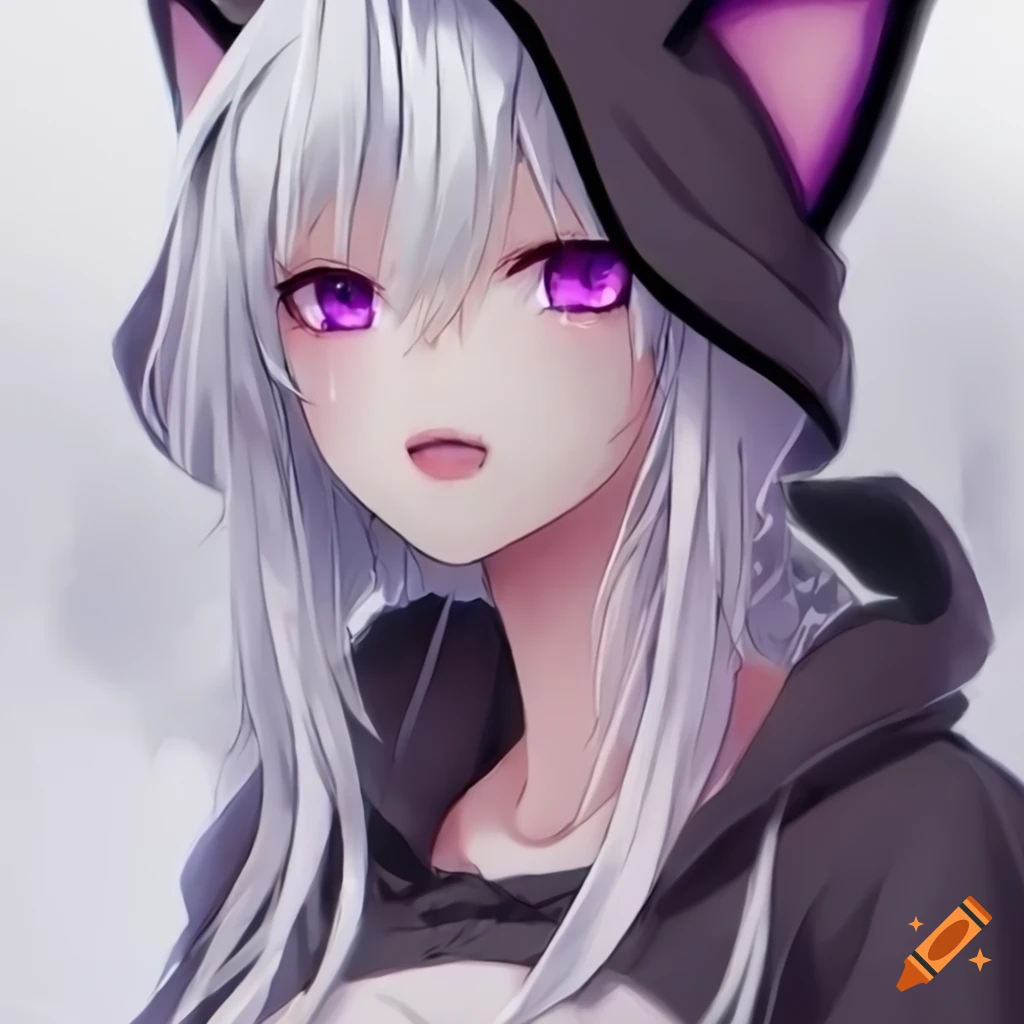 Anime woman with white hair, cat ears, and purple eyes