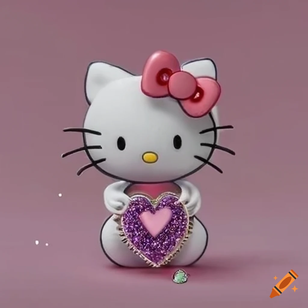 Hello Kitty holding a glittery heart with letter V