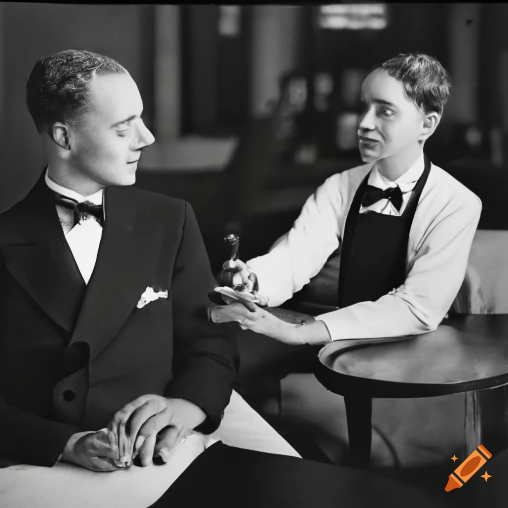 Photo of a waiter talking to a businessman in the 1930s on Craiyon