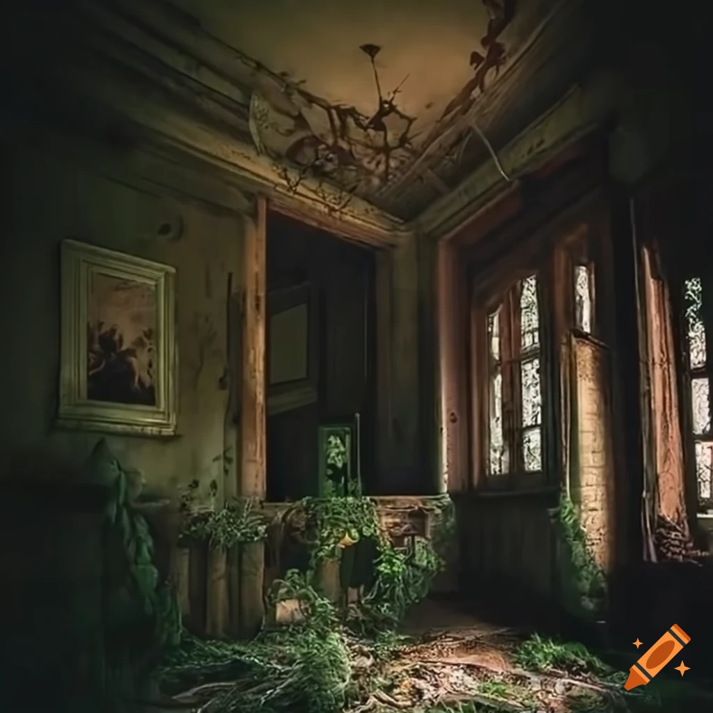 eerie realistic depiction of an overgrown mansion room