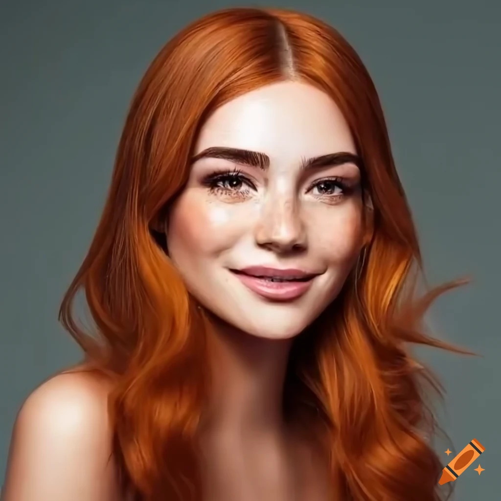 Close-up portrait of a beautiful woman with freckles and auburn hair on ...