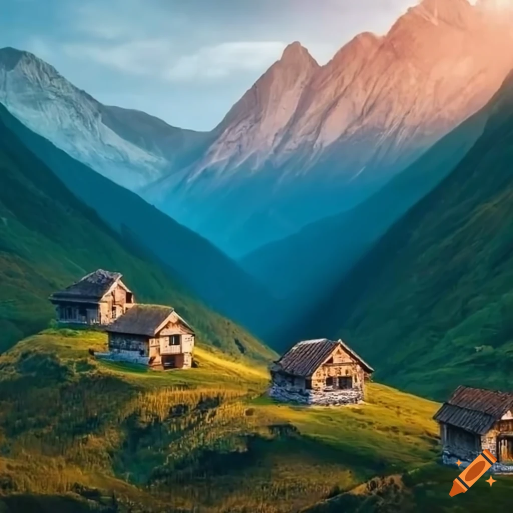 Wooden Houses In A Picturesque Mountain Village On Craiyon