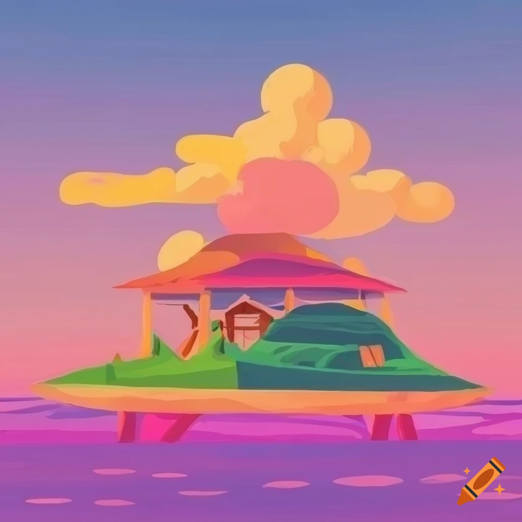 colorful-flat-design-illustration-of-an-island-with-illuminated-saloon