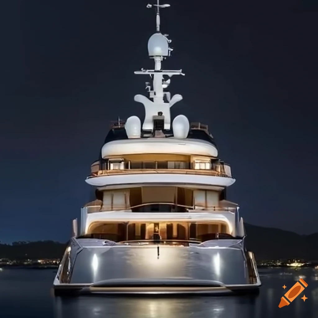 luxury yacht viewed from the back against black background