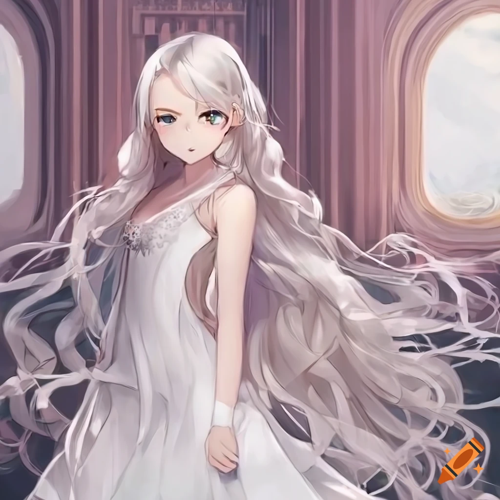 ethereal anime girl in a palace with a white dress