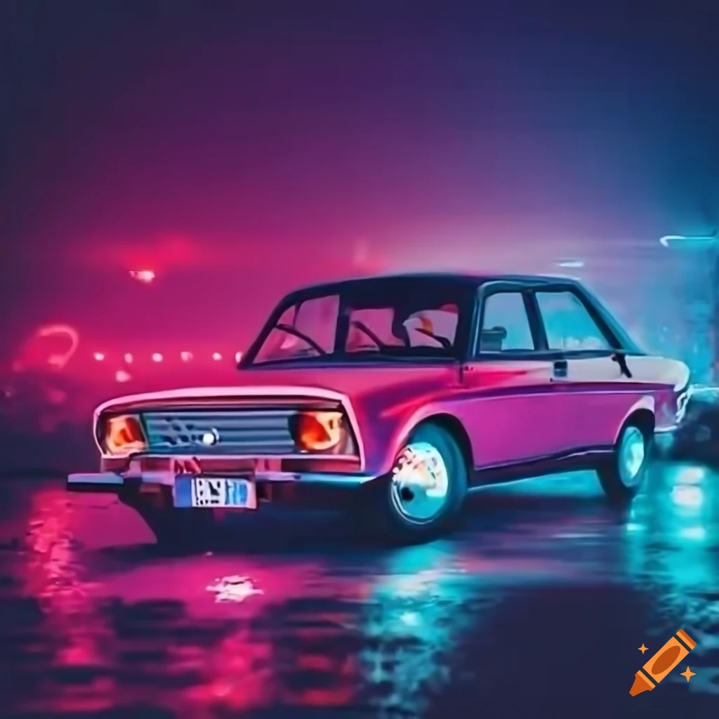 cinematic style image of vintage cars racing with neon lights