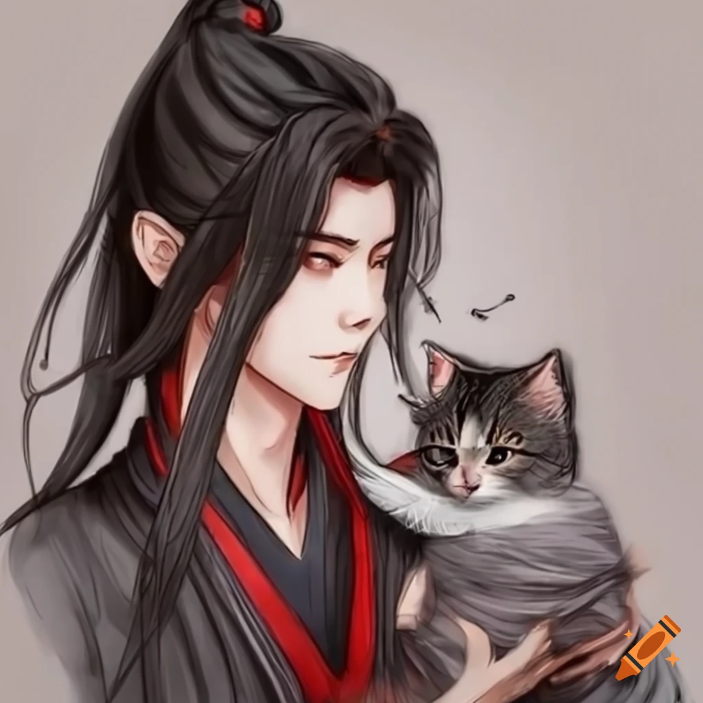 Wei wuxian with a kitten in the modern world