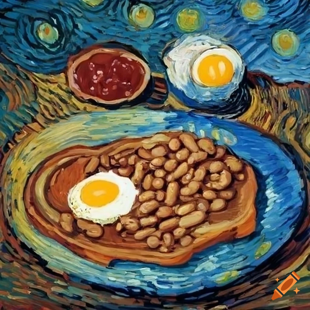 Van gogh painting of a breakfast table with beans on toast