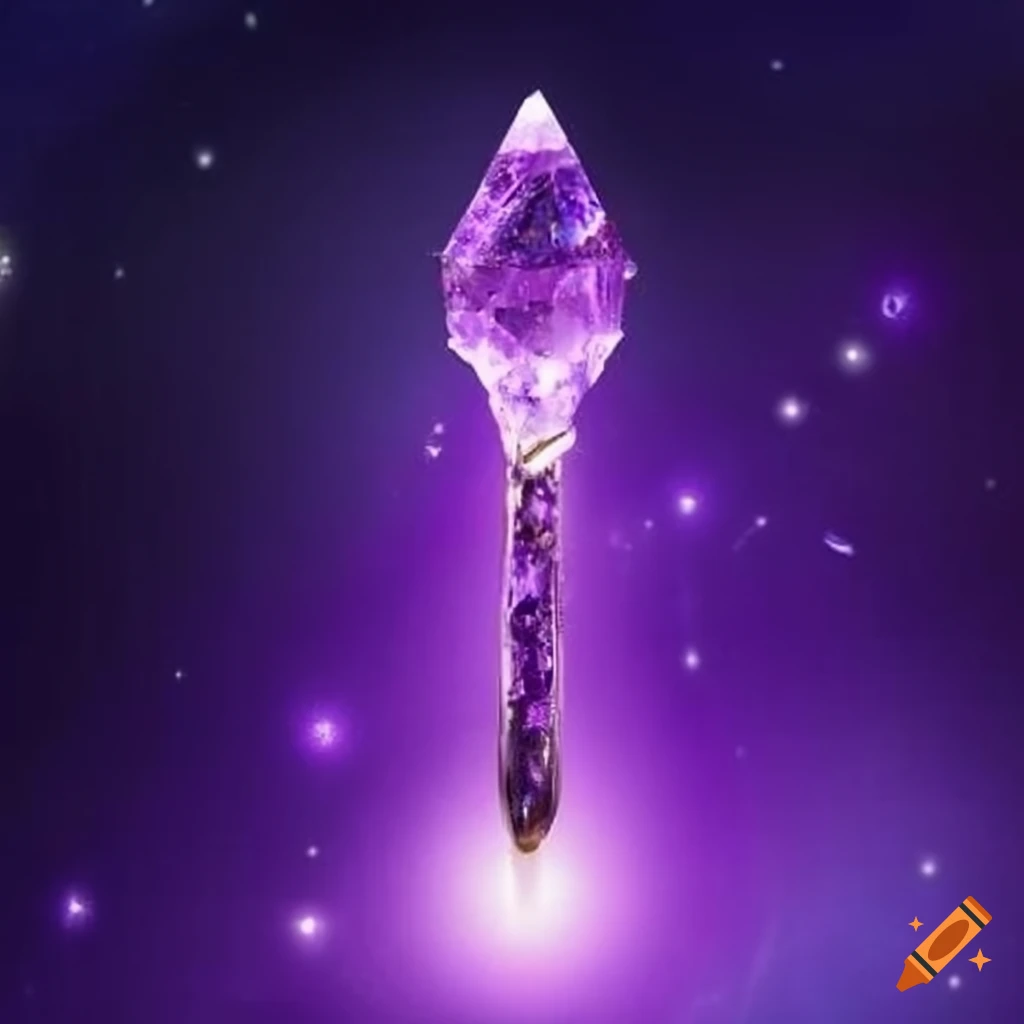 Luminous purple crystal fairy wand with a sparkling star on Craiyon