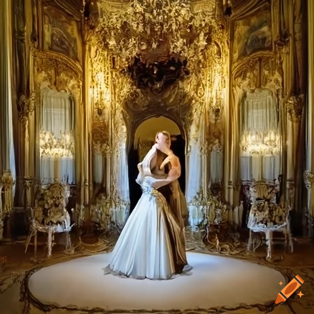 rococo ballroom with women waltzing in gowns