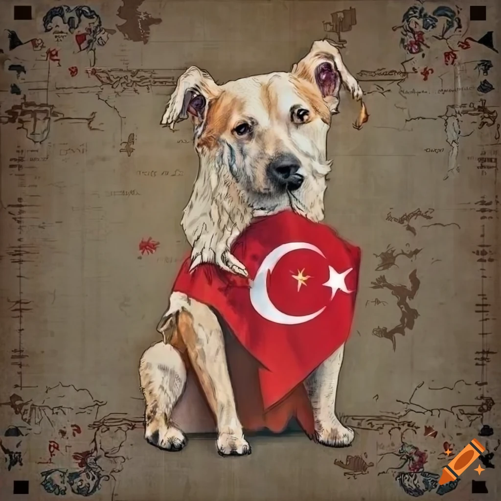 Turkish dog sitting on a map of turkey draped in turkish flag on Craiyon