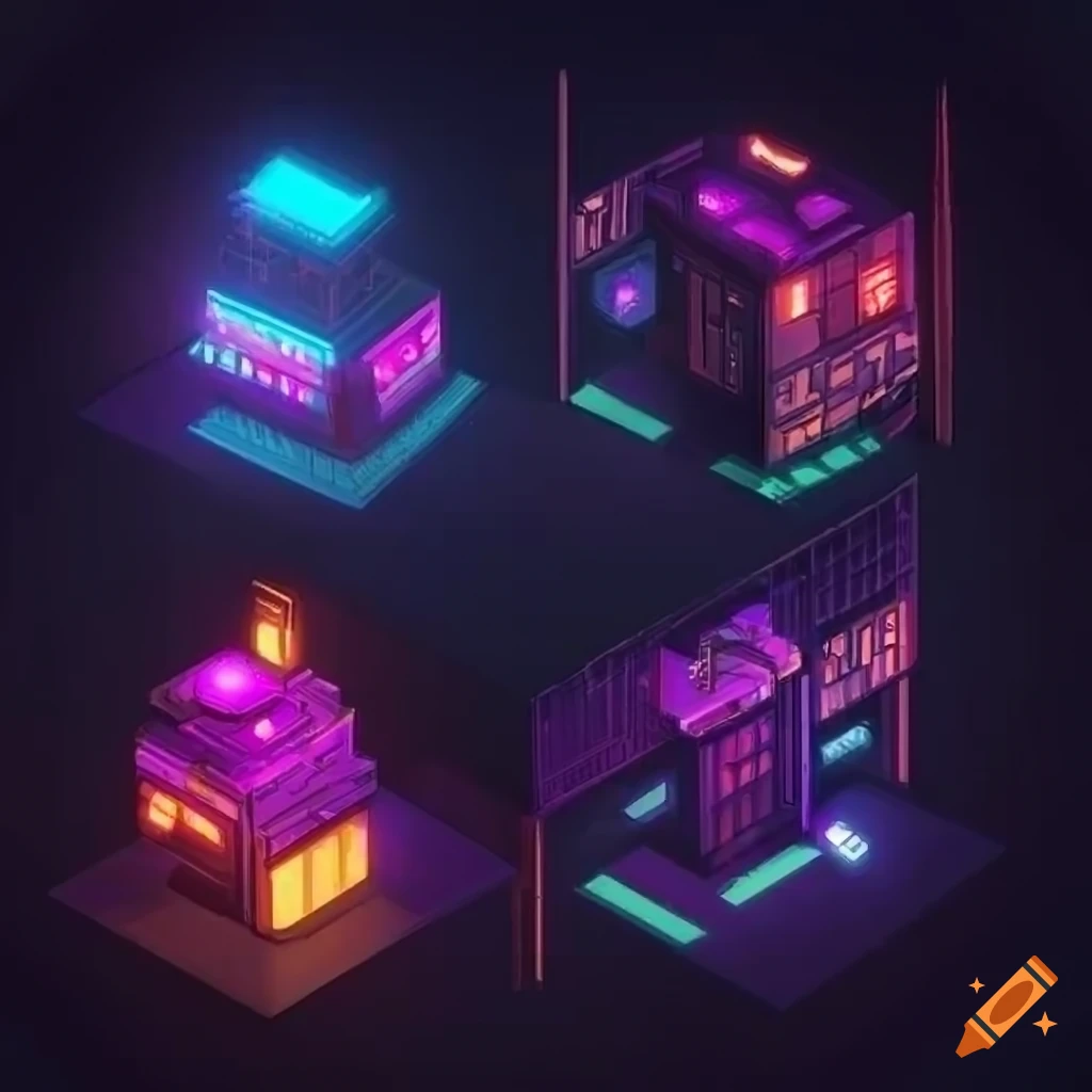 Isometric tiles for a cyberpunk rpg on Craiyon