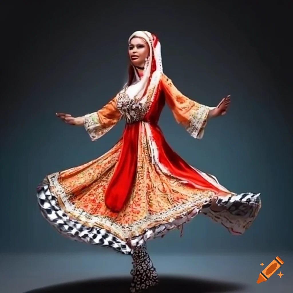 Tatar lady in traditional dress dancing on Craiyon