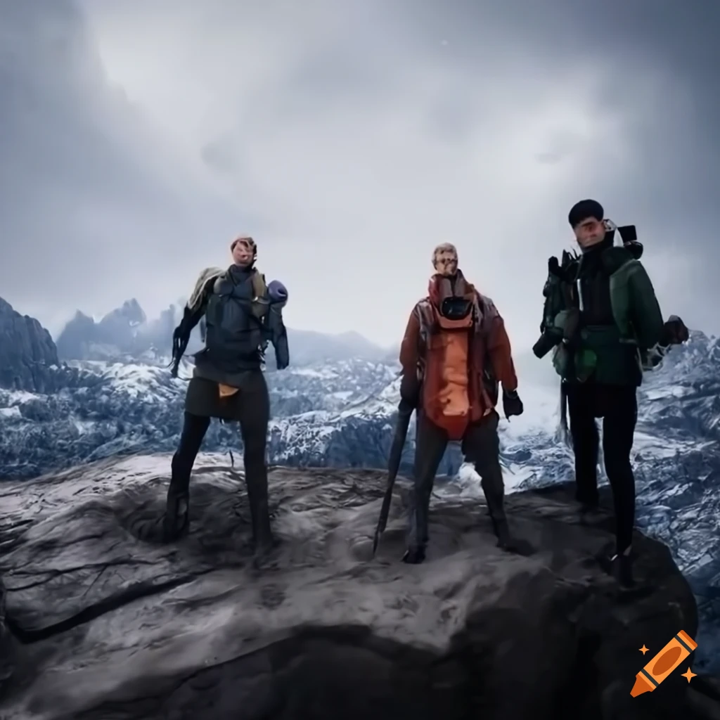 sci-fi selfie portrait of tourists at snowy mountain