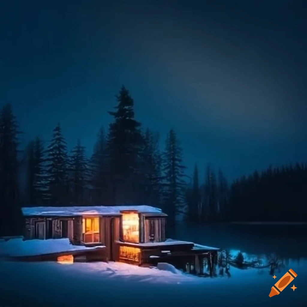 nighttime view of a cozy cabin by a lake