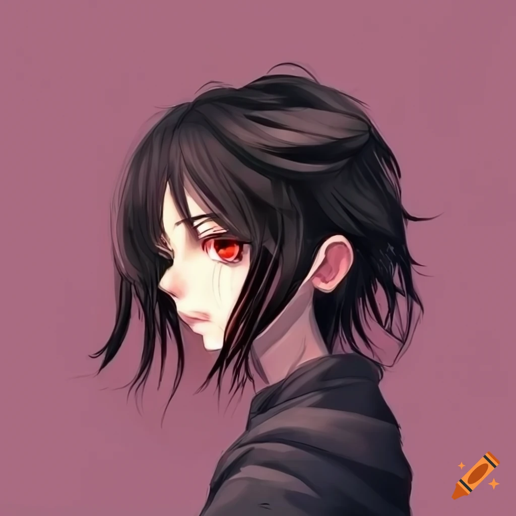 portrait of a boy with black hair and red eyes