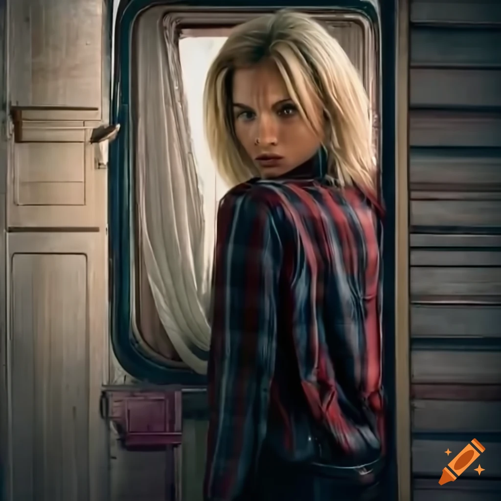 photorealistic depiction of a blonde actress with messy hair in a plaid shirt