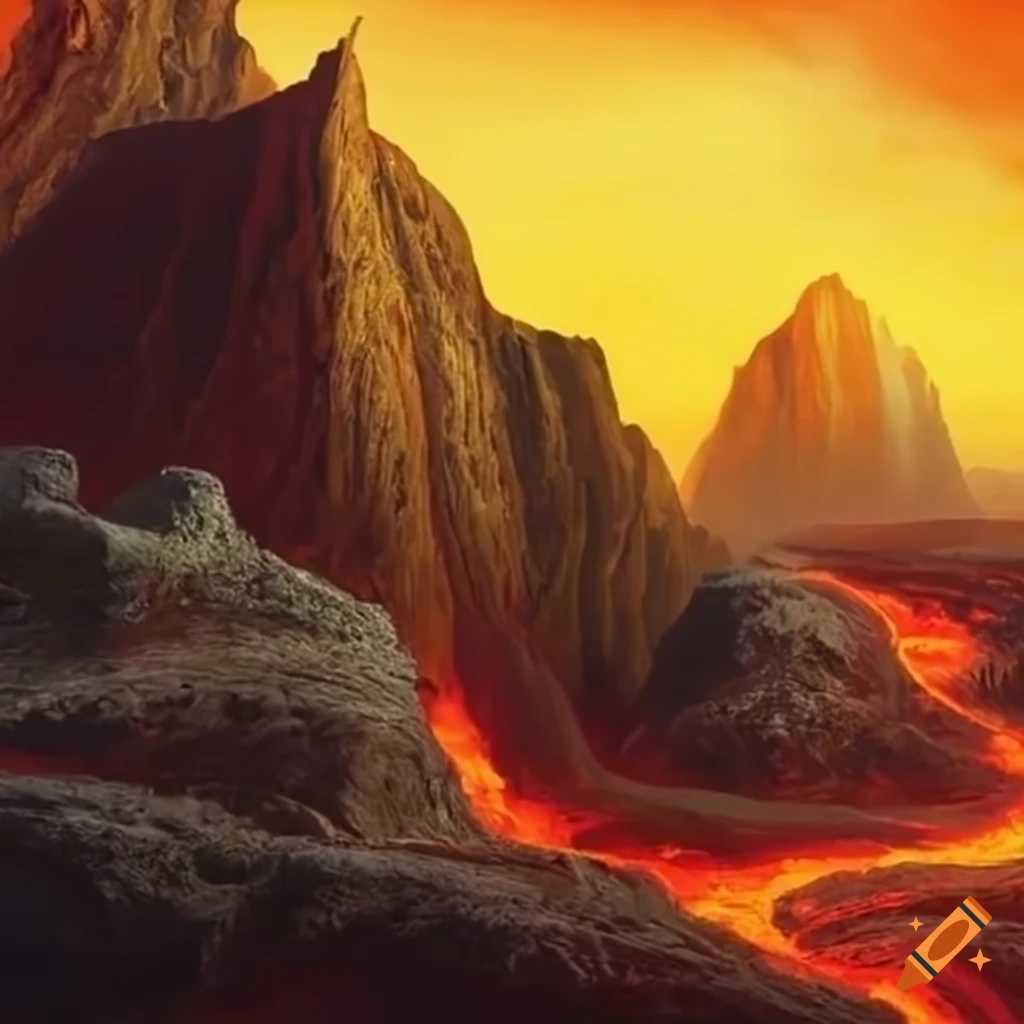 yellow valley with flowing lava in magic the gathering art