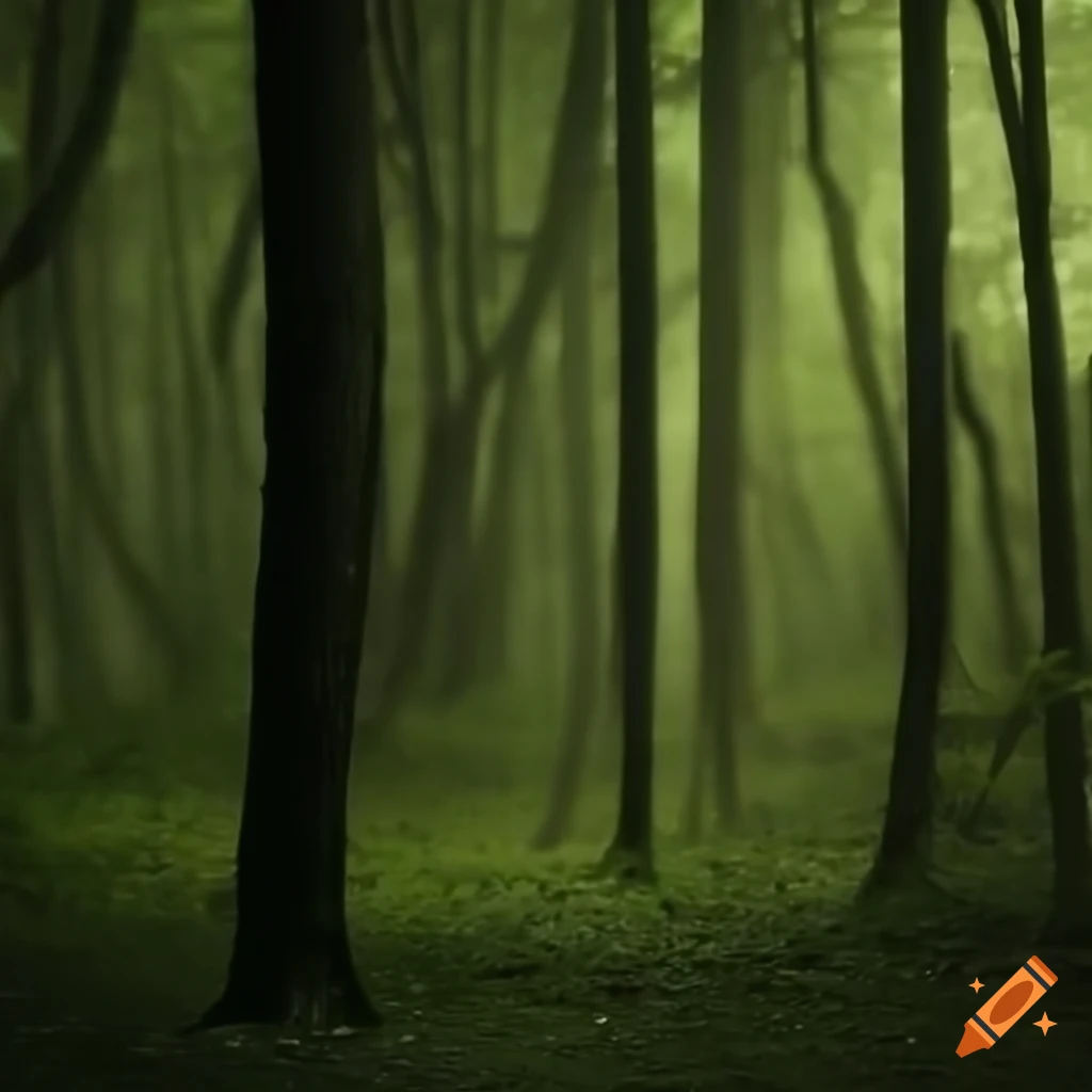 rainy forest scene with trees and bird sounds