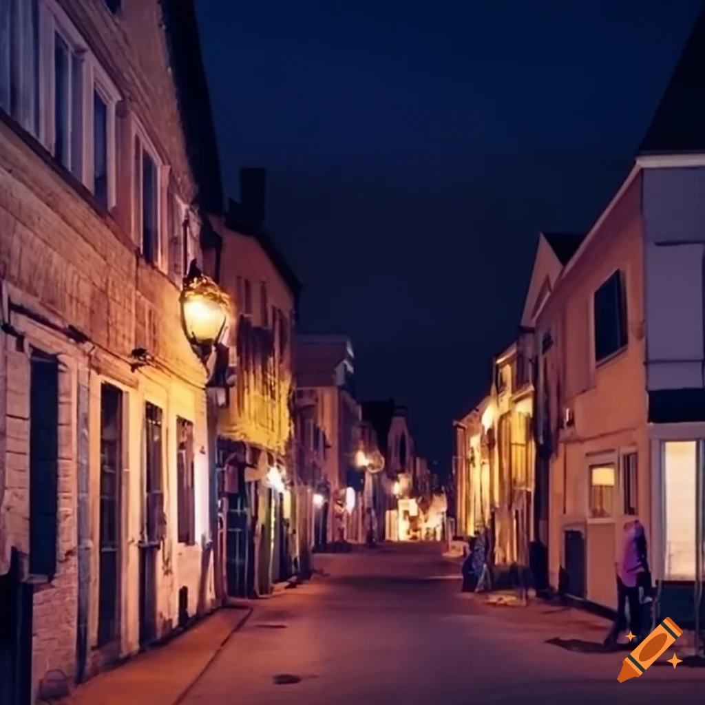 night view of a village on a street hill