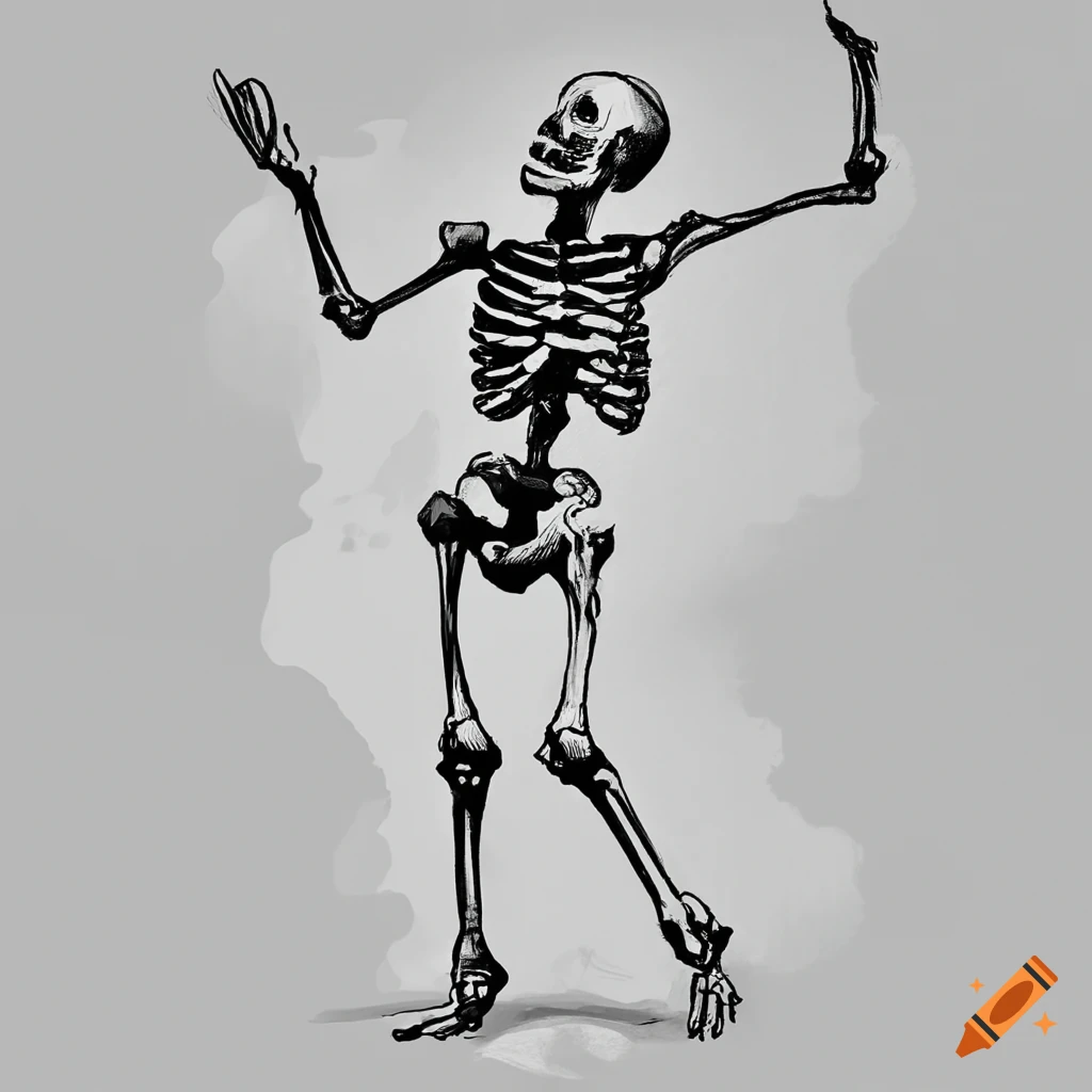 Ink drawing of a dancing skeleton
