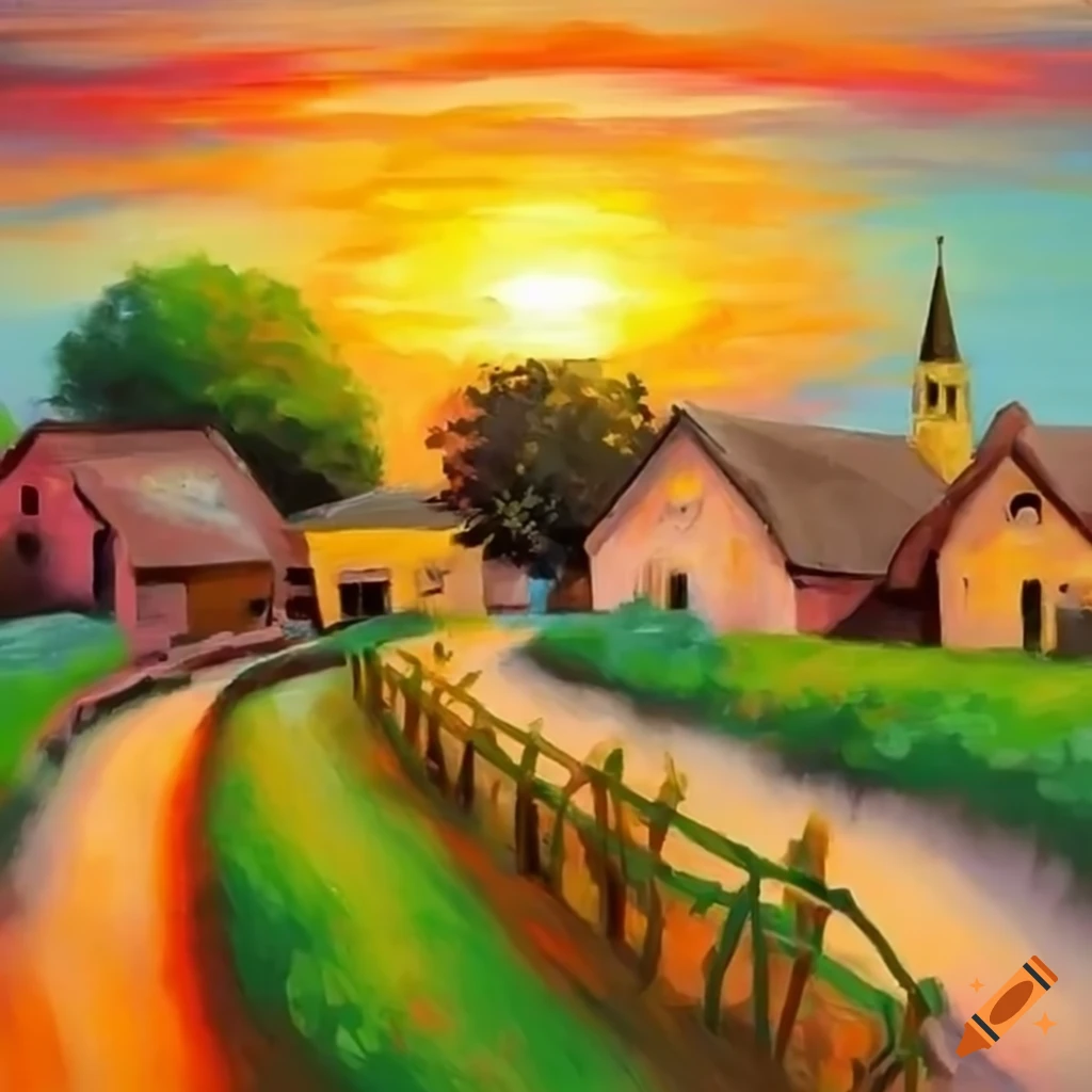 Painting of a sunset over a countryside village