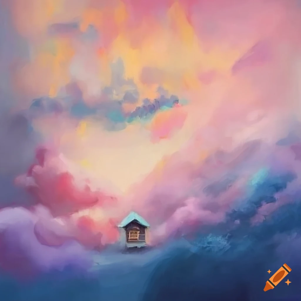 pastel painting of a cottage in the clouds
