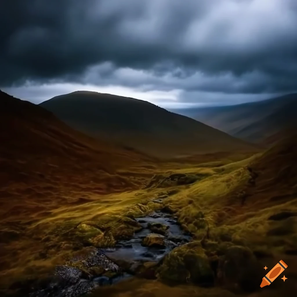 dark and stormy Scottish glen with lightning