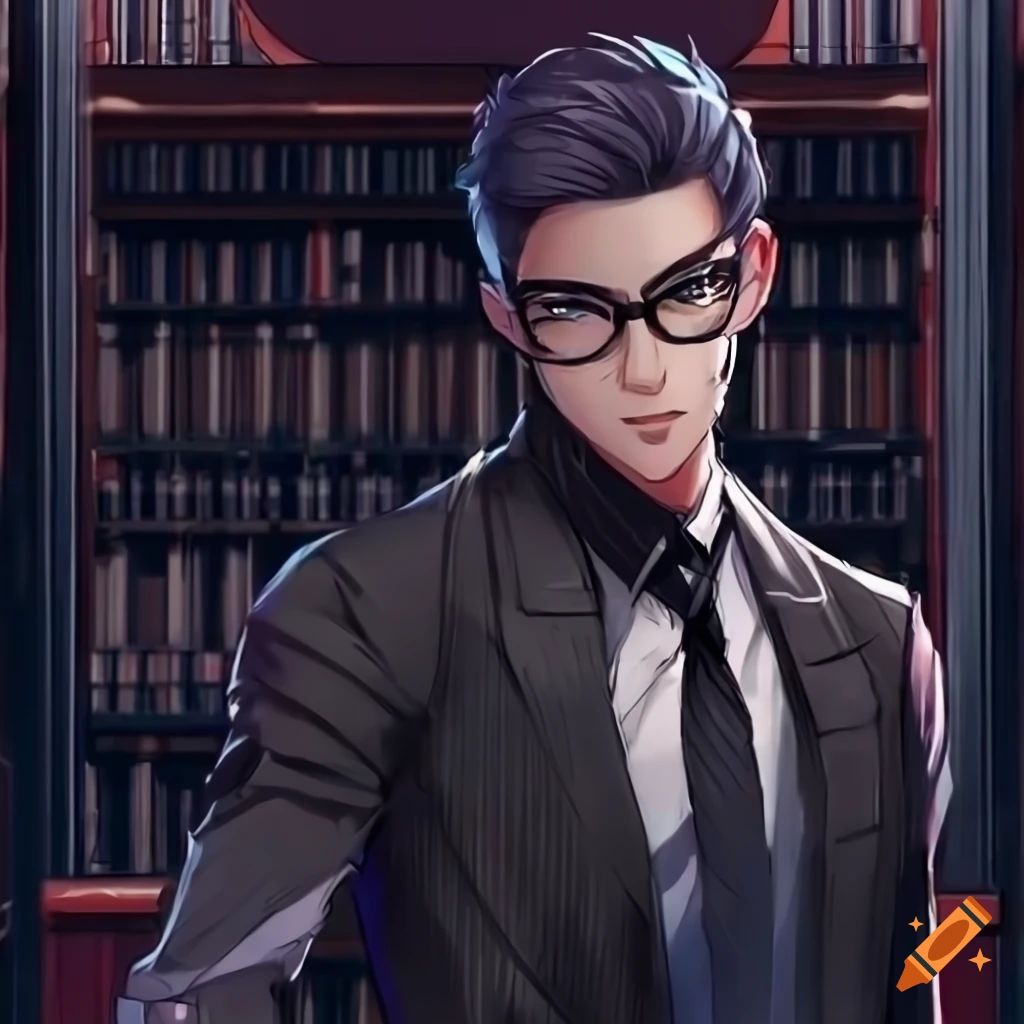 New anime male character in a futuristic library on craiyon