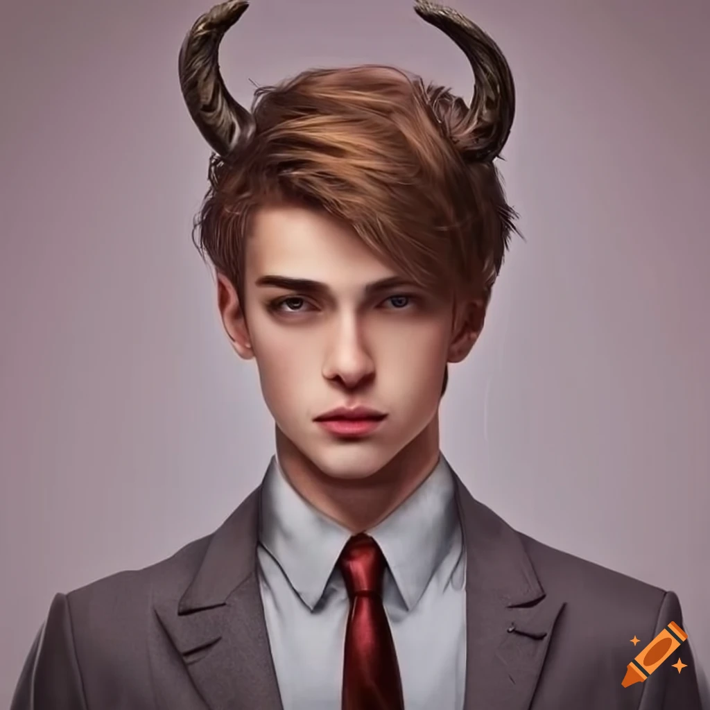 Handsome man with brown hair and horns in a suit