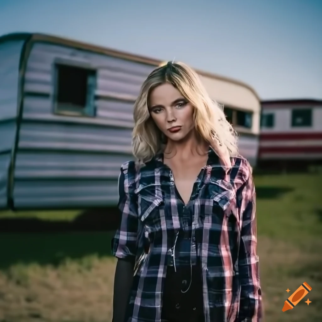 image of a blonde actress in a caravan trailer