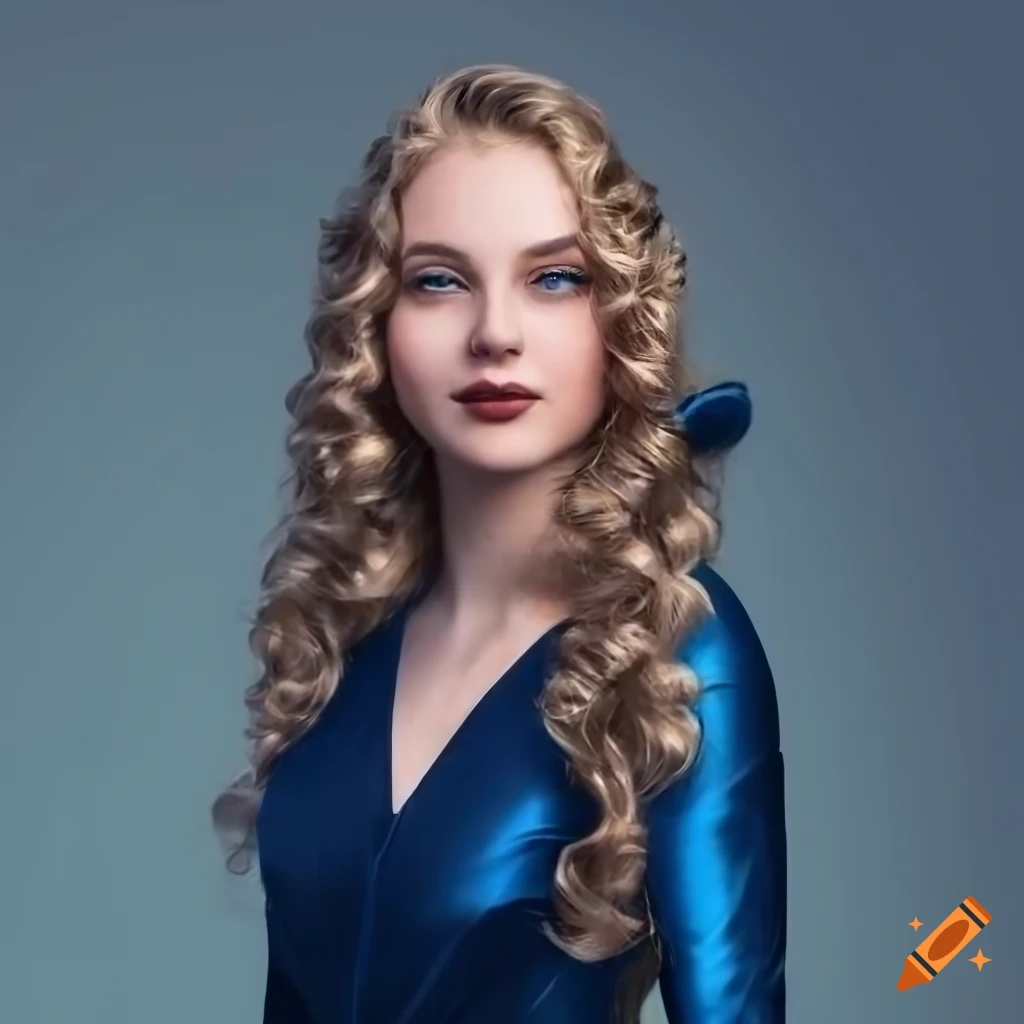 Smiling woman with long curly blond hair and blue dress on Craiyon