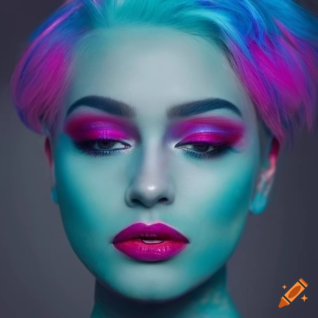 Portrait of a blue-haired woman with pink makeup on Craiyon