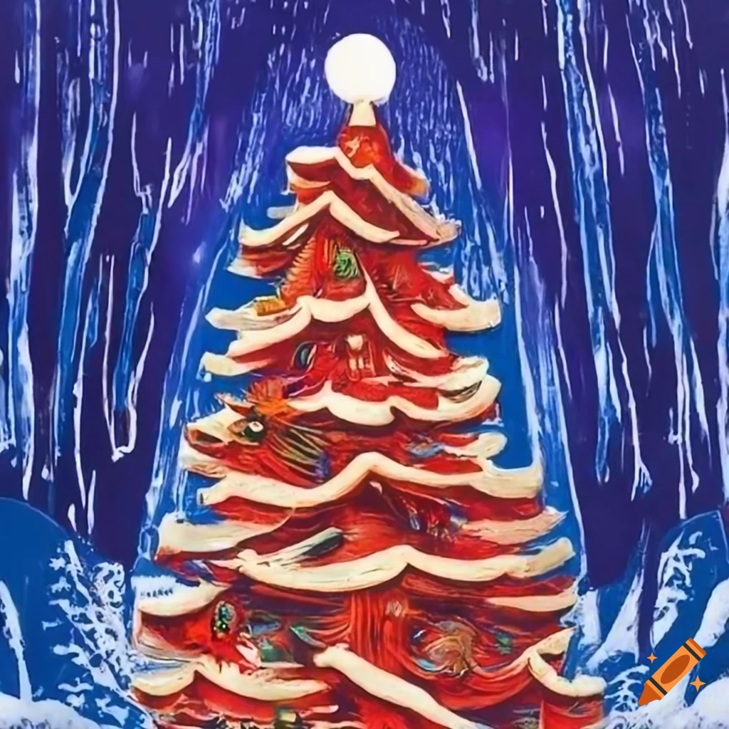 color linocut of a beautifully decorated Christmas tree