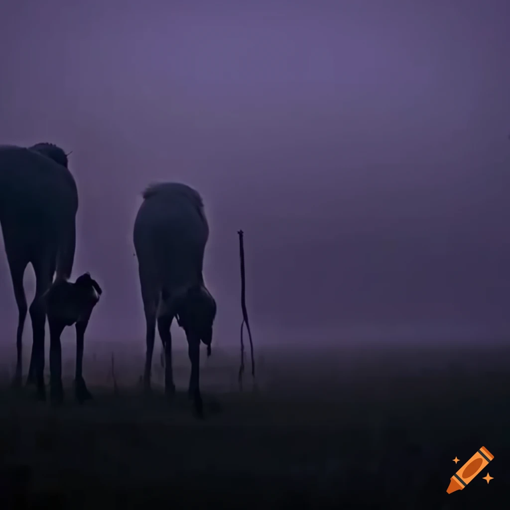 Herd of tall cows in a gloomy field at night on Craiyon