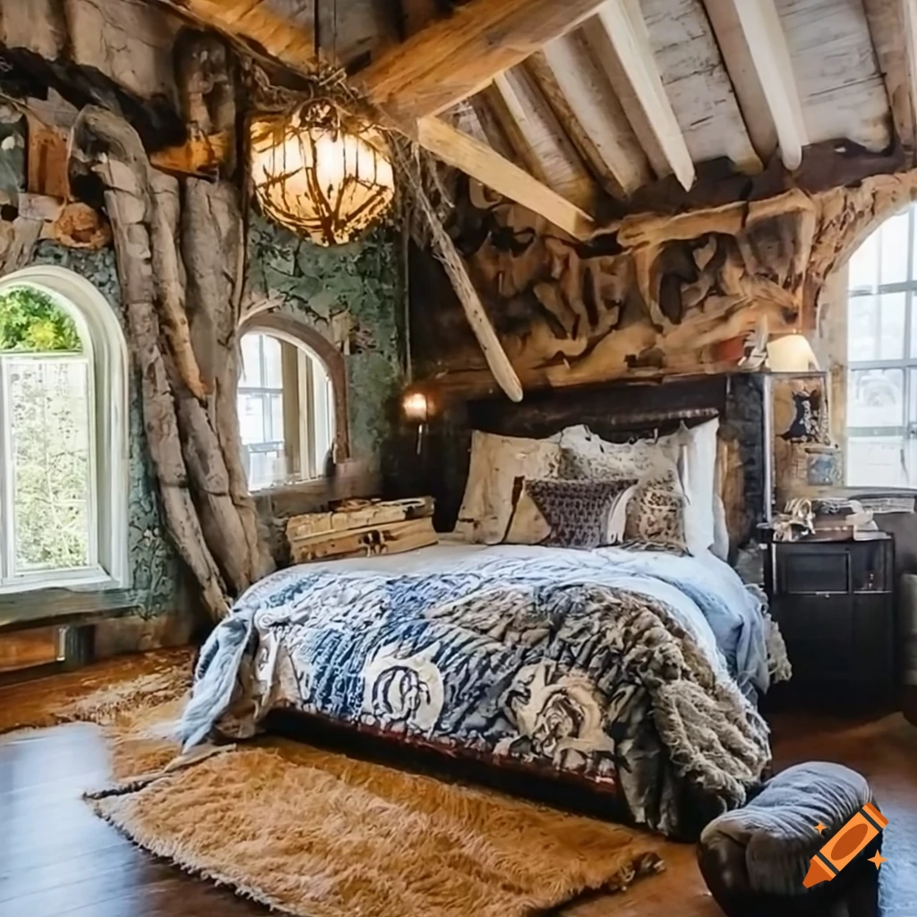 Hobbit-style bedroom with natural decor on Craiyon