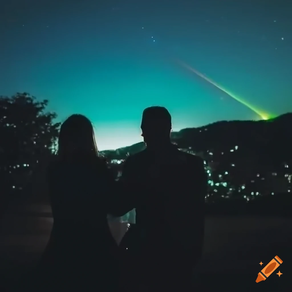 romantic couple watching a vibrant green comet