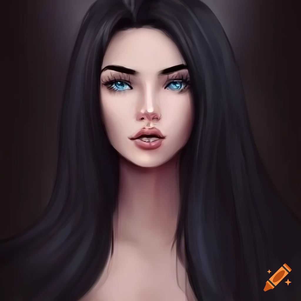 Digital Art Of A Woman With Long Black Hair And Blue Eyes On Craiyon 