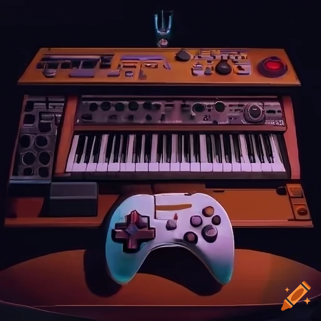 Retro style photo video game controller and analog synthesizers on Craiyon