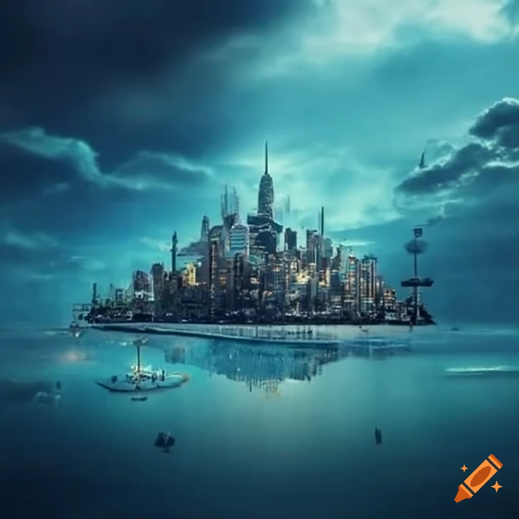Floating City In The Sky Above Underwater World