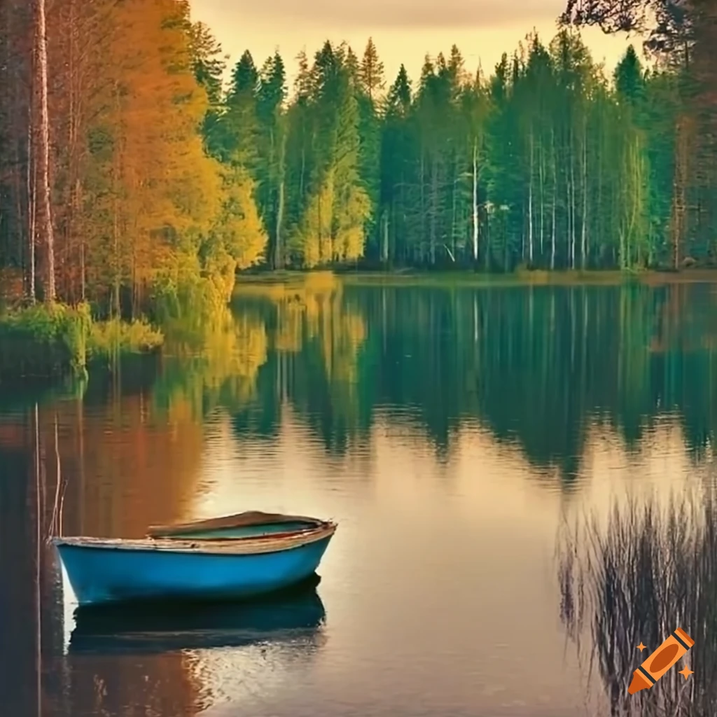 Finnish lake scene with birch trees and small fishing boat on Craiyon