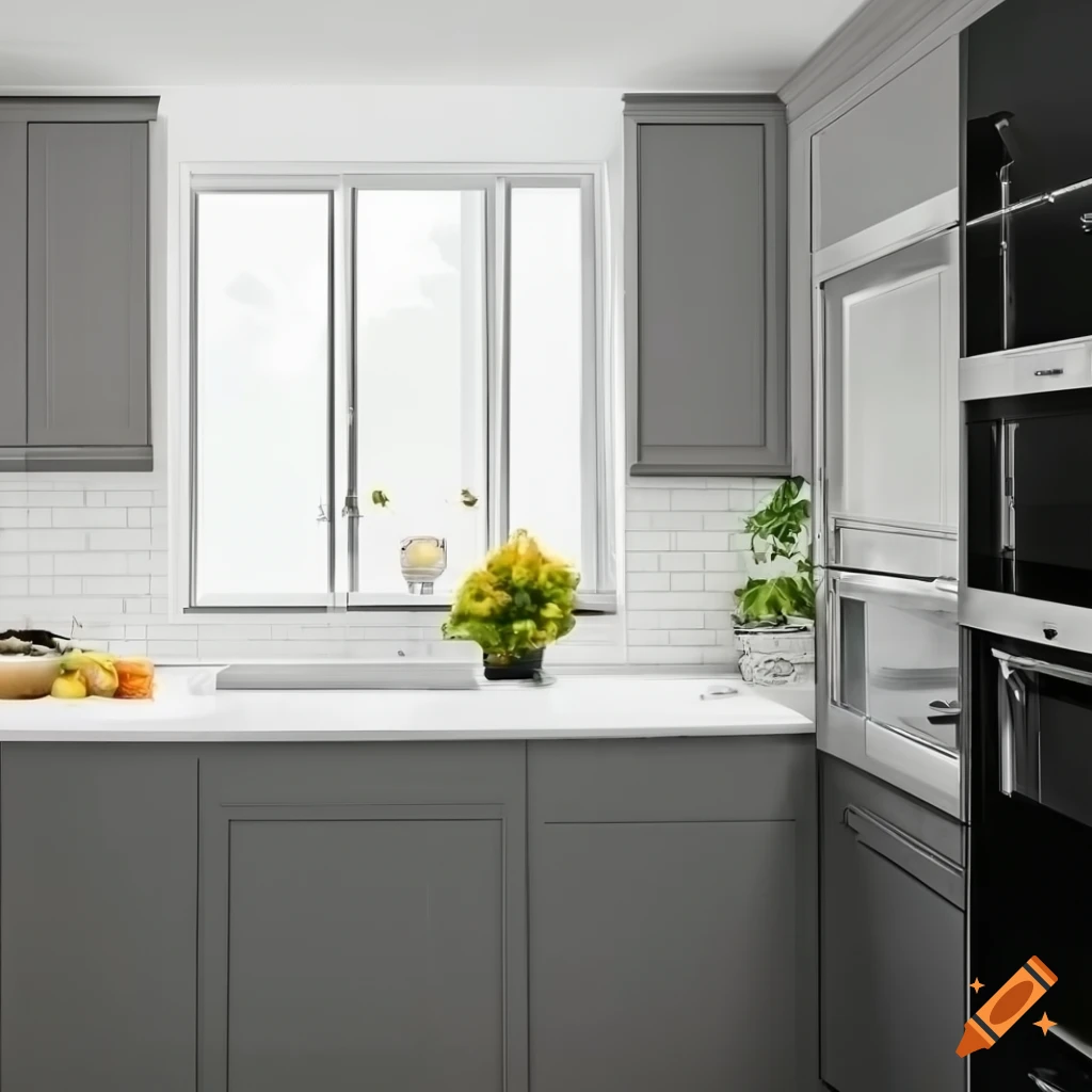kitchen with gray gloss cabinets and wide window