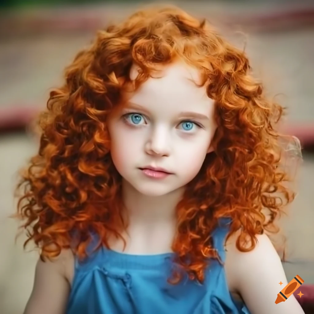 Portrait of a little girl with red curly hair and green eyes on Craiyon